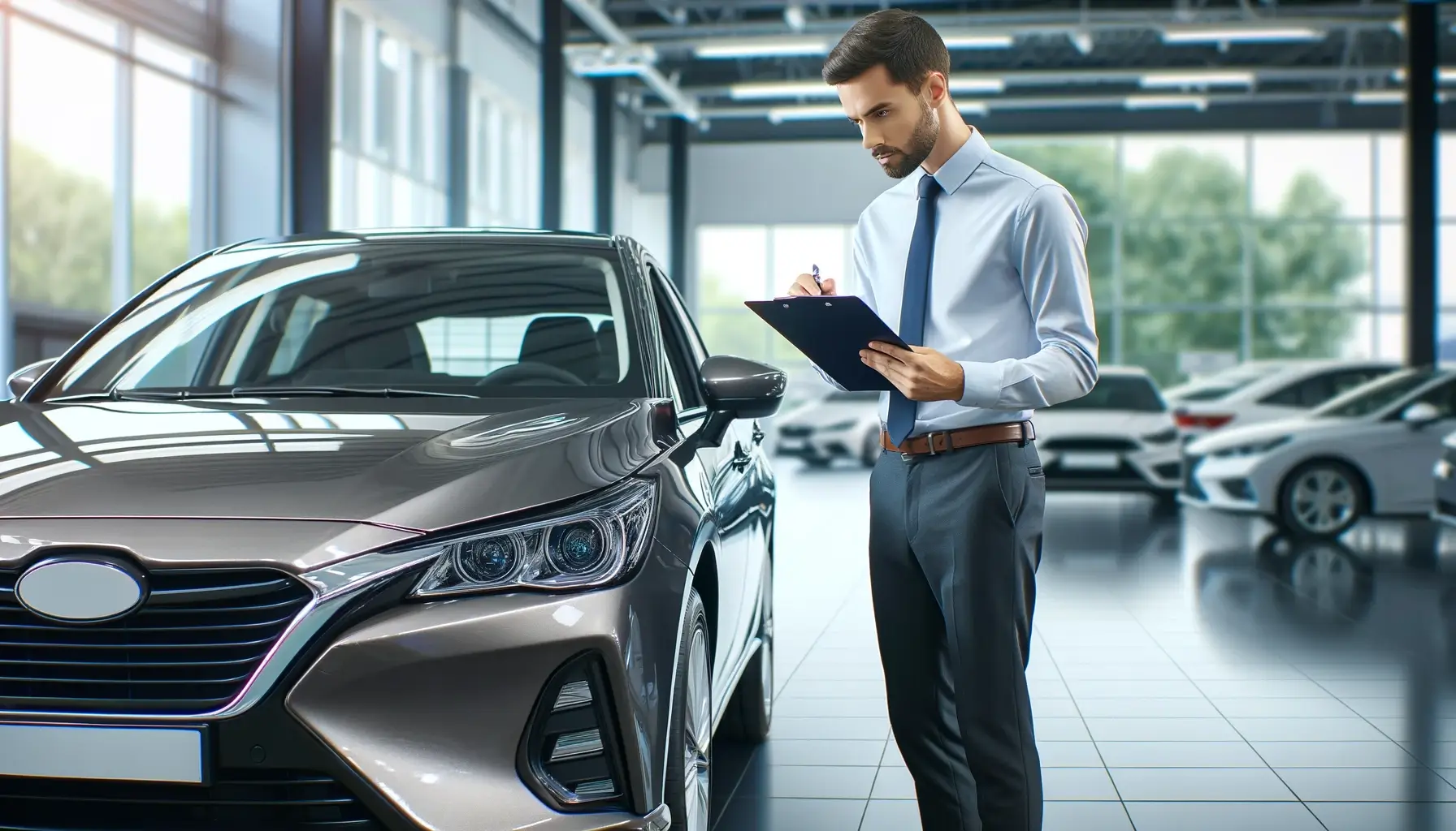 A well-maintained car being inspected by a Caucasian male appraiser at a car dealership, illustrating the process of professional vehicle trade-in appraisal, with various cars displayed in the background.