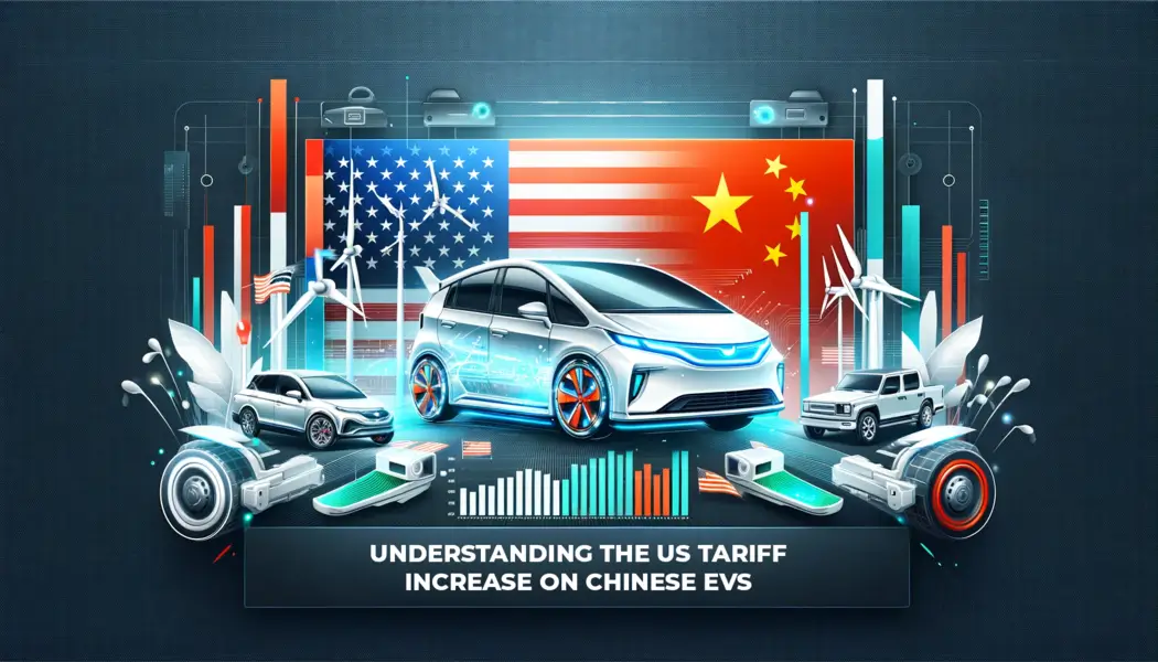 Banner depicting US and China trade relations, with symbols like flags and national icons merged with images of electric vehicles and a graph indicating a tariff increase. The background is modern, featuring a color scheme of red, white, blue, and green, representing both countries and the green technology sector.
