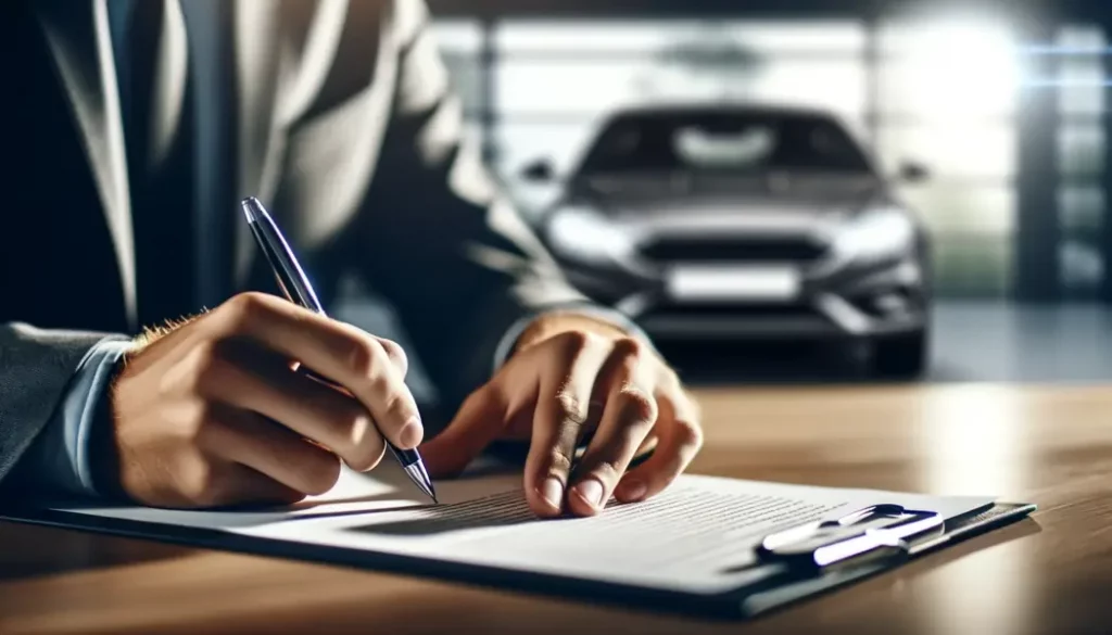 Close-up of hands signing a car lease refinancing contract, with a modern car subtly visible in the background, depicting the successful completion of a car lease refinancing deal in a professional dealership environment