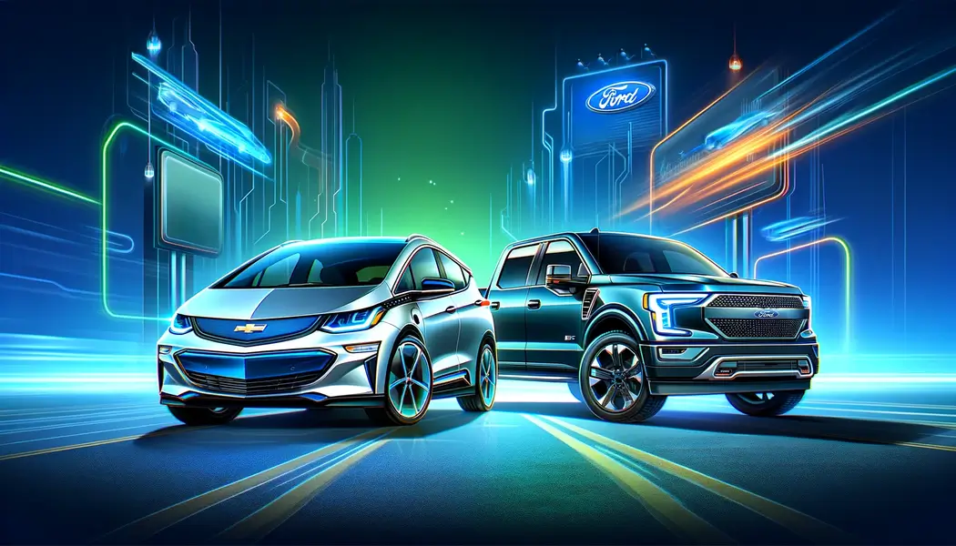 Banner image showcasing electric vehicles from GM and Ford. On the left, a GM car, possibly a Chevy Bolt or Cadillac Lyriq, displays a $7,500 incentive tag. On the right, a Ford F-150 Lightning indicates a price increase. The background features a futuristic cityscape, symbolizing the advancement of electric vehicles, with vibrant, technology-inspired colors and eco-friendly green accents.