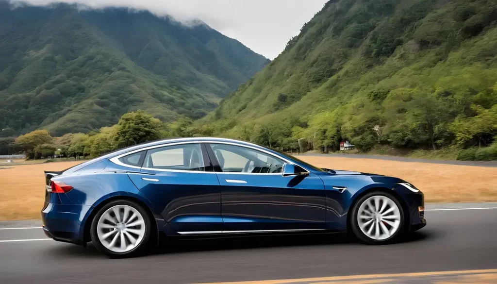 A blue Tesla Model S driving through a scenic route in Japan with lush green mountains in the background, symbolizing the fusion of modern EV technology with traditional Japanese landscapes.