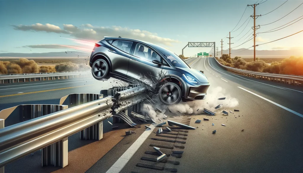 A digitally created scene showing a heavy electric vehicle crashing into a guardrail, demonstrating the challenge guardrails face with the increasing weight of modern electric cars on a sunlit highway.