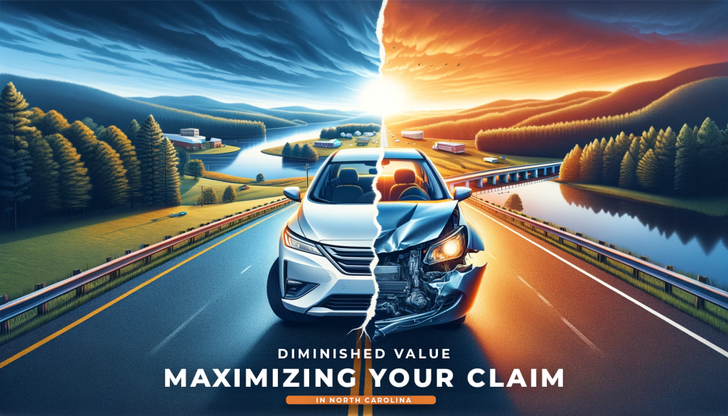 Banner depicting the concept of Diminished Value Claims in North Carolina, showcasing a split view of a car before and after an accident against a scenic North Carolina backdrop, symbolizing the journey from damage to compensation.