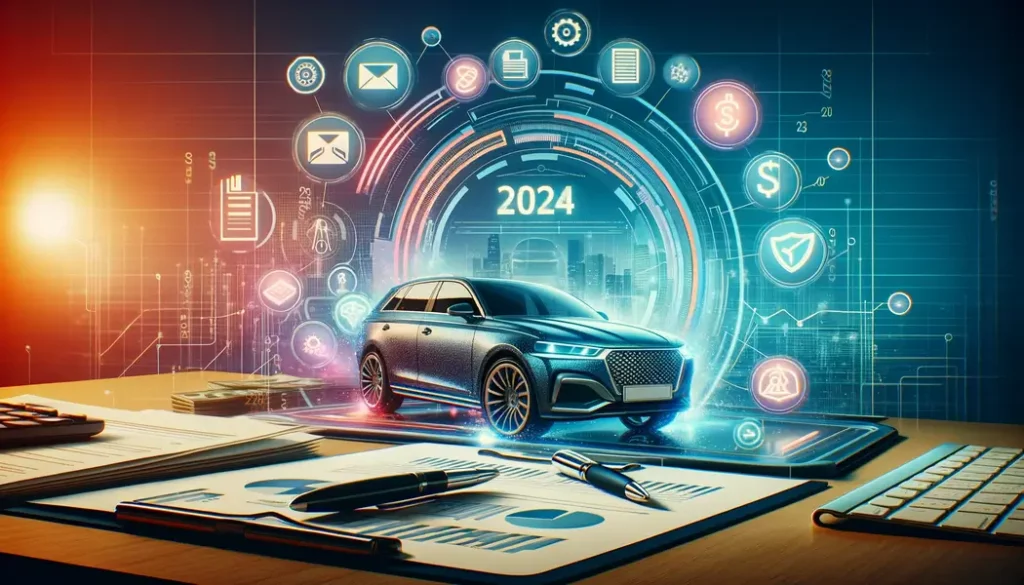 Banner illustrating strategic financial and insurance planning in an auto dealership setting for 2024, featuring financial documents and a futuristic overlay.
