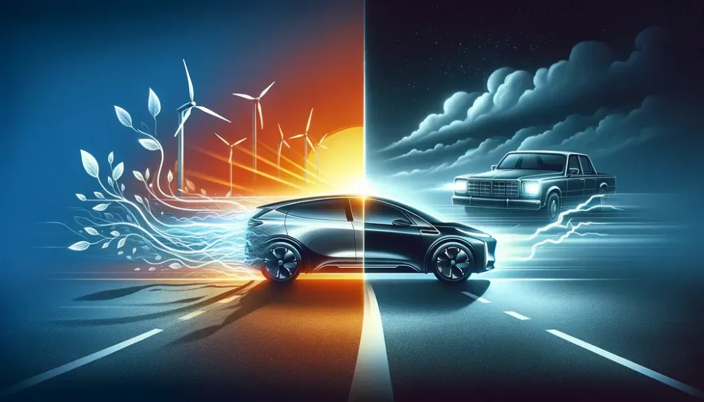 Banner depicting a modern electric car under a sunrise on one side and a traditional gas car under a sunset on the other, symbolizing the transition to cheaper electric vehicle production.
