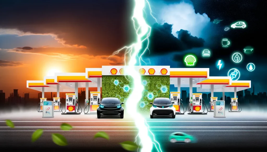 Illustrative banner depicting the transition from a traditional Shell gas station fading into a modern, green-energy EV charging station against a backdrop of dawn, symbolizing a new era in energy.