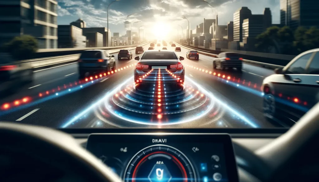 Digital illustration of a car on a highway activating its automatic emergency braking system to prevent a collision, showcasing modern vehicle safety technology on a sunny day.