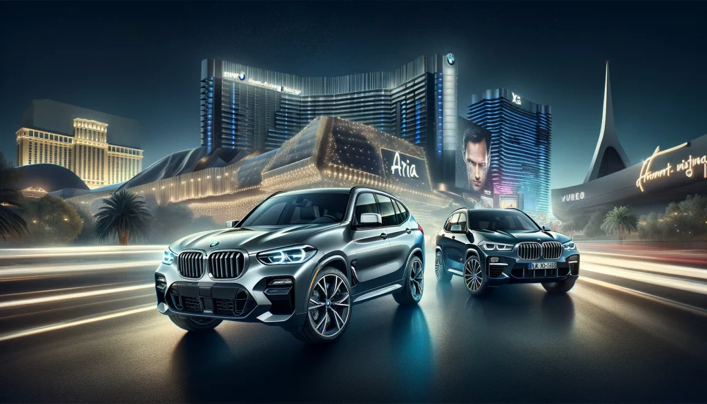 Banner image showing BMW X3 and X5 models in front of the Aria Resort & Casino in Las Vegas, illustrating BMW's new strategic direction in automotive innovation.