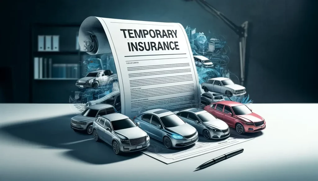 Modern banner featuring various car types including sedans and SUVs on a conceptual insurance policy document, emphasizing temporary car insurance in a clean, professional setting.