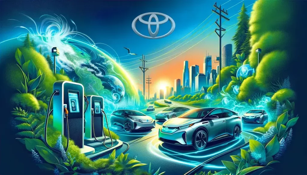 Banner showcasing Toyota's impact on the electric vehicle revolution in North America, featuring electric cars at a charging station, with a city skyline in the distance and lush greenery, symbolizing a sustainable future.
