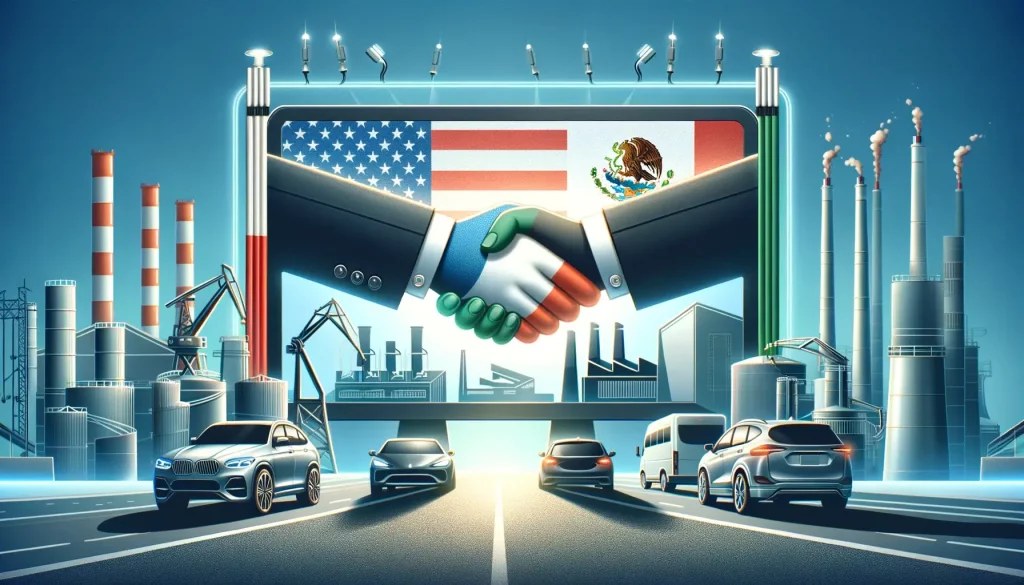 Digital banner depicting a symbolic handshake between the United States and Mexico flags, with electric vehicles and factory silhouettes in the background, representing diplomatic and trade negotiations in the automotive industry.