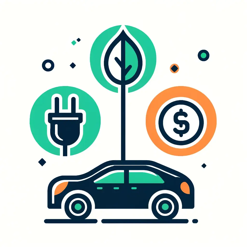 Illustration of an electric car with eco-friendly symbols and financial benefits, representing EV tax credits.