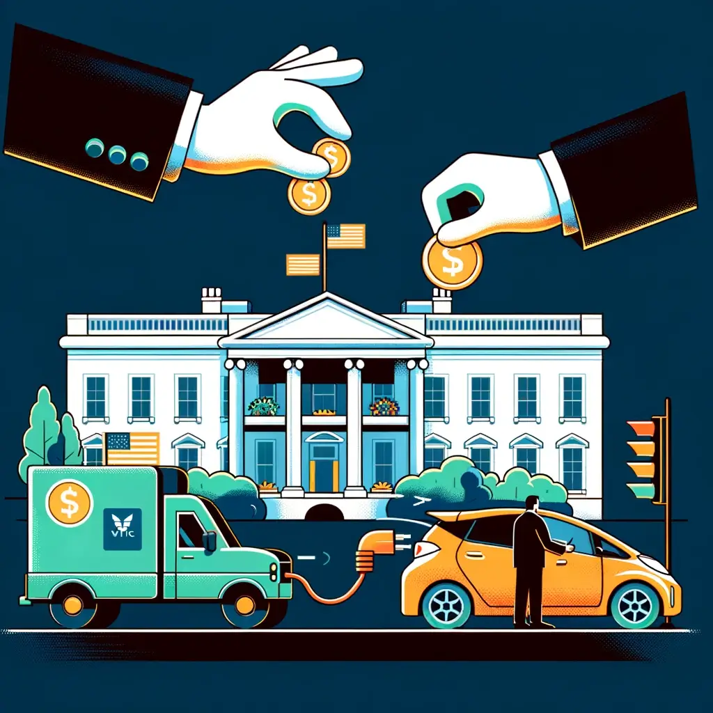 Illustration of government officials providing financial incentives for electric vehicles in front of the White House, related to EV tax credits.