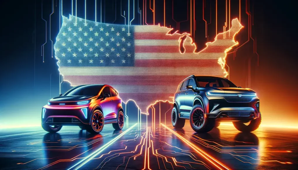 Banner showing a contrast between a sleek, affordable Chinese electric car and a luxurious, expensive American electric SUV, set against a stylized map of the U.S. with electric circuit patterns, symbolizing the economic and technological competition in the electric vehicle market.