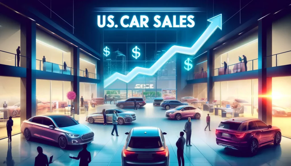 A vibrant car dealership with new cars and SUVs displayed. The background features financial charts and upward-trending graphs, symbolizing rising car sales. The dealership is bustling with customers and staff, creating an optimistic and dynamic atmosphere.