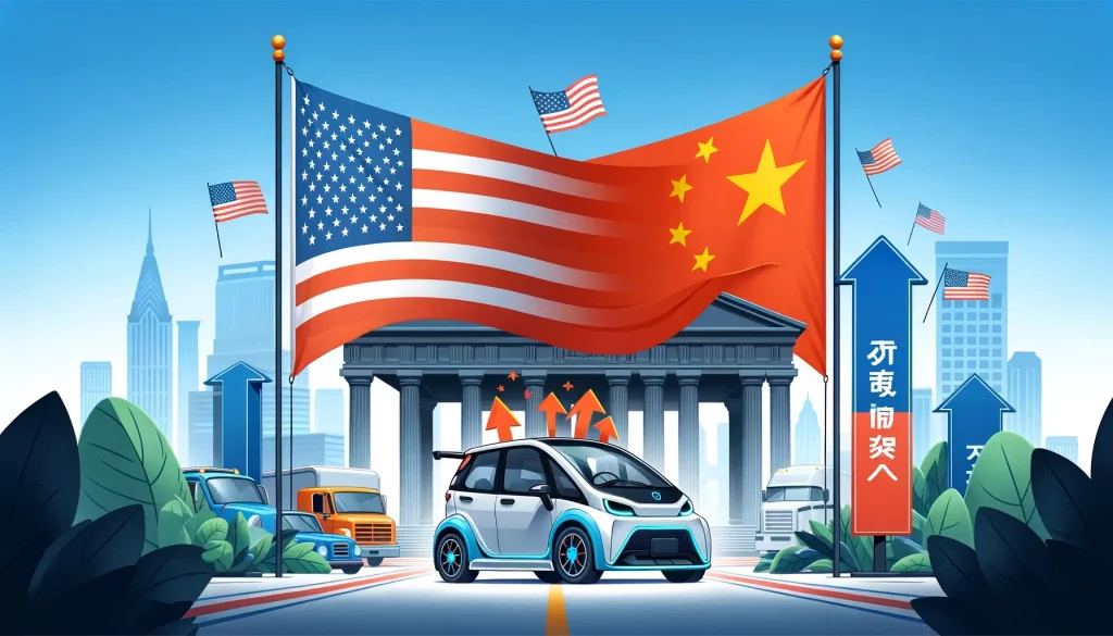 Banner image depicting a Chinese electric vehicle with the US and Chinese flags in the background, symbolizing the upcoming 100% tariff on Chinese EV imports. The scene suggests trade tension with upward-pointing arrows indicating the tariff increase.