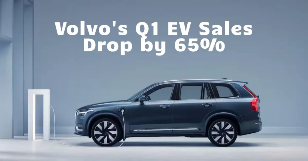 Electric Volvo car charging at a station, highlighting the 65% drop in Volvo's Q1 EV sales.
