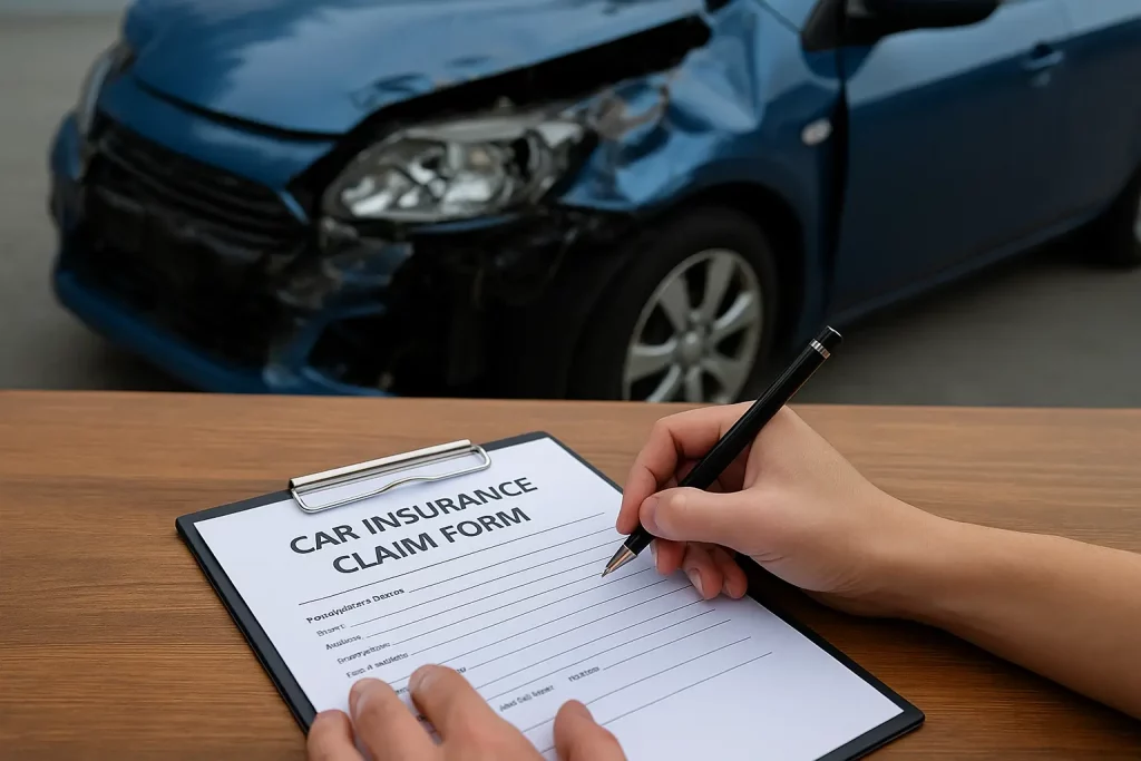 Person filling out a car insurance claim form in front of a blue vehicle with front-end damage.