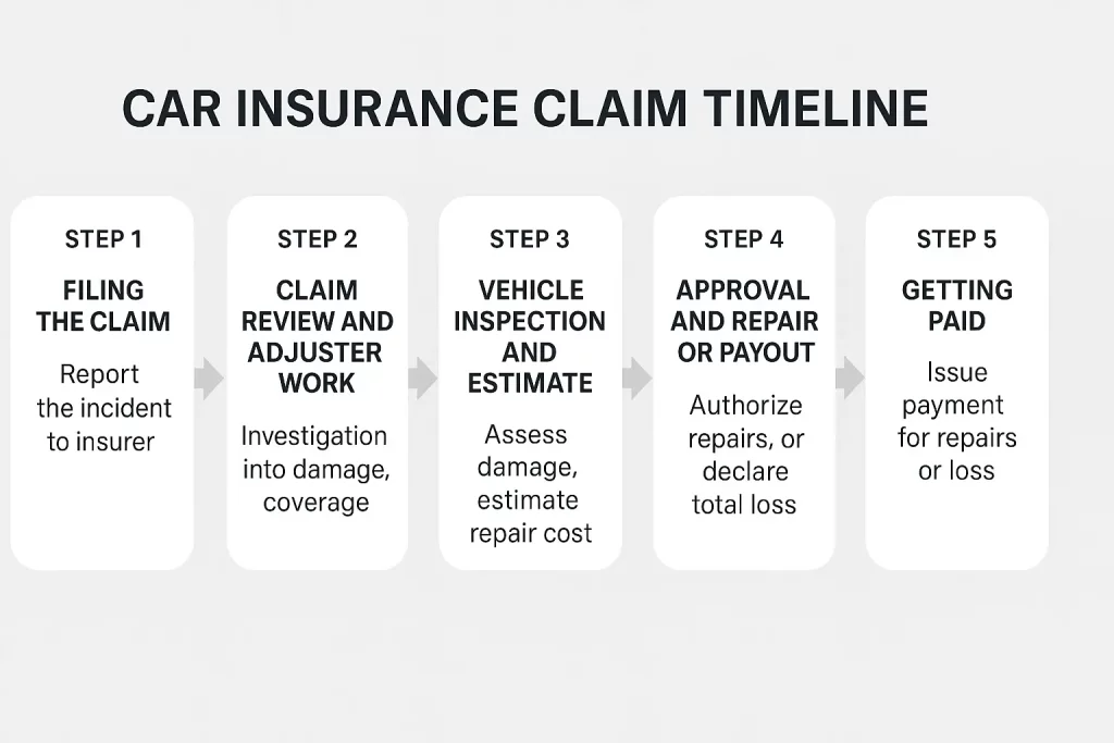 Graphic showing the five-step timeline of a car insurance claim, from filing to payment.