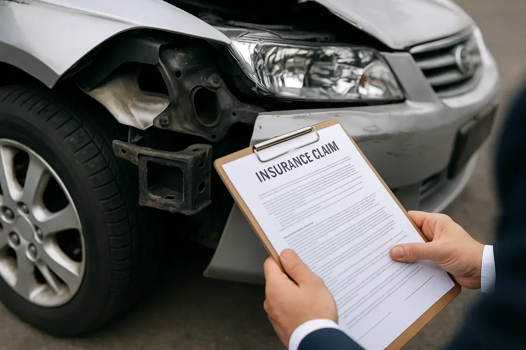 Insurance adjuster reviewing claim paperwork near a damaged vehicle with visible frame exposure.