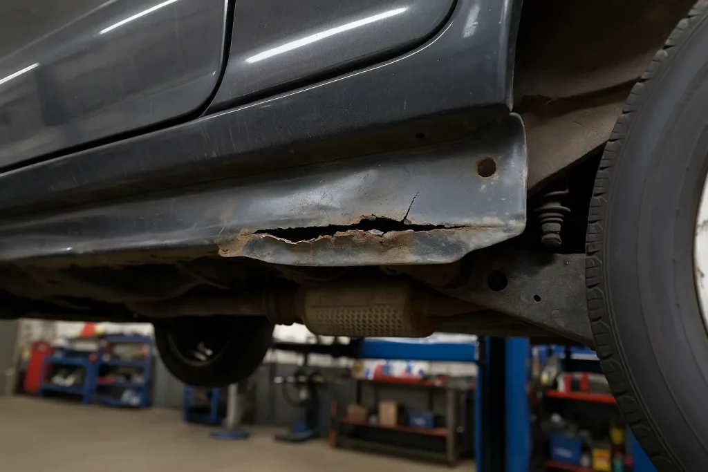 Rust and corrosion damage visible on the underside frame rail of a raised vehicle in a workshop.