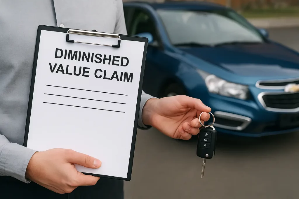 A person holding a clipboard with a blank "DIMINISHED VALUE CLAIM" form and a car key, with a blue car blurred in the background, symbolizing the documentation needed to file a diminished value claim.