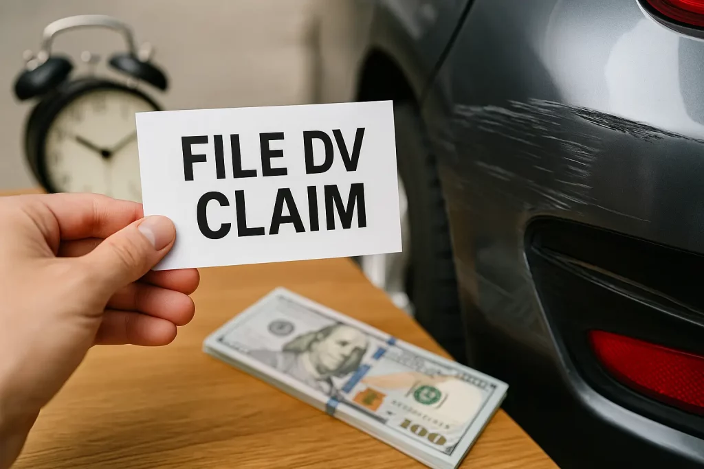 DV claim before selling with scratched rear bumper, cash, and a hand holding file DV claim sign