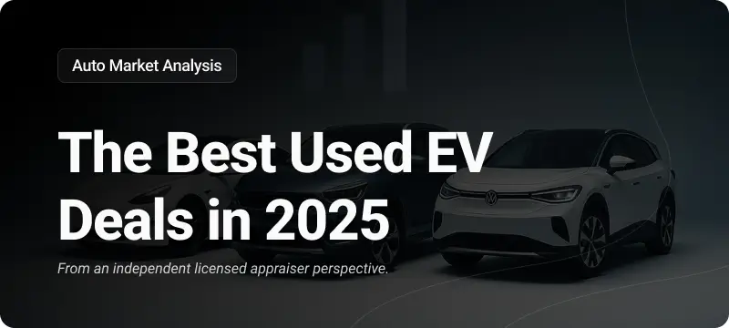 Electric vehicles displayed with a modern value-trend backdrop, illustrating the best used EV deals of 2025 and how resale strength influences diminished value and overall claim outcomes.