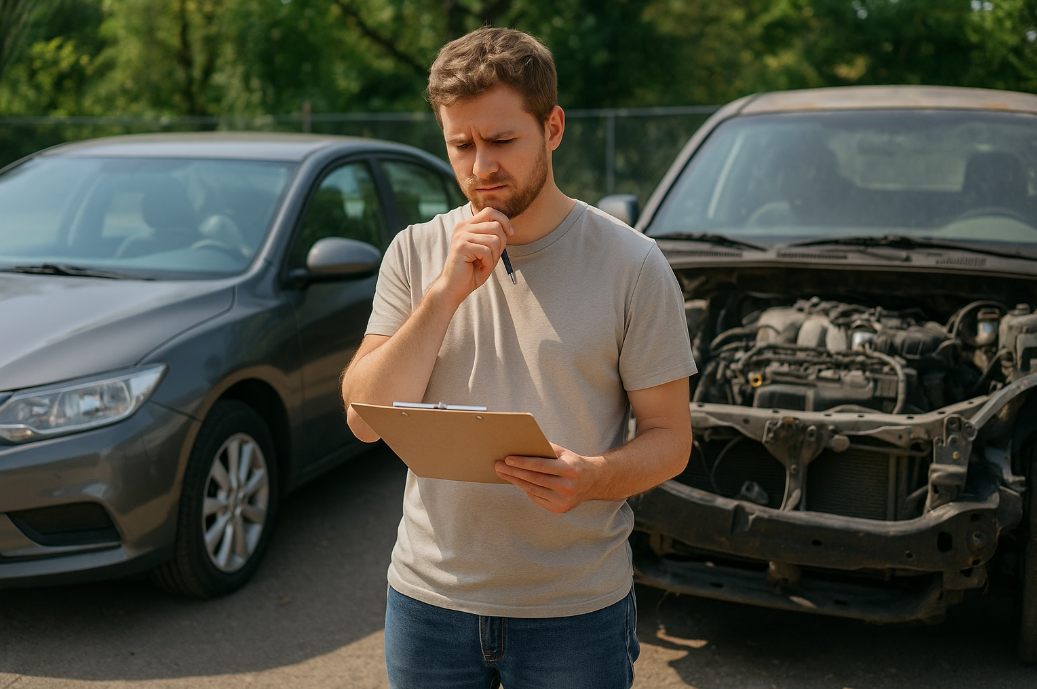 man evaluating damaged car before selling showing diminished value impact in the Carolinas