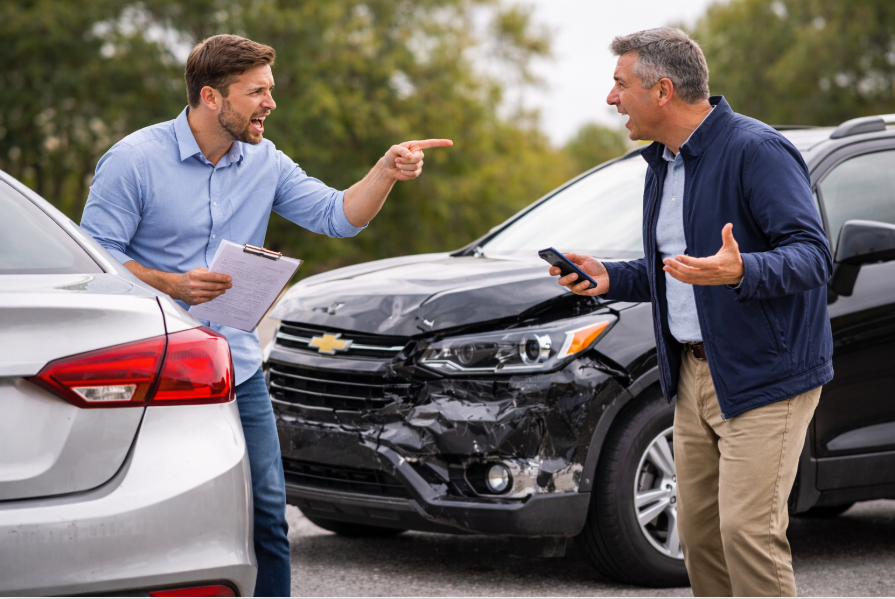 Drivers arguing after a car accident involving a damaged SUV and sedan, illustrating fault determination and diminished value claim impact