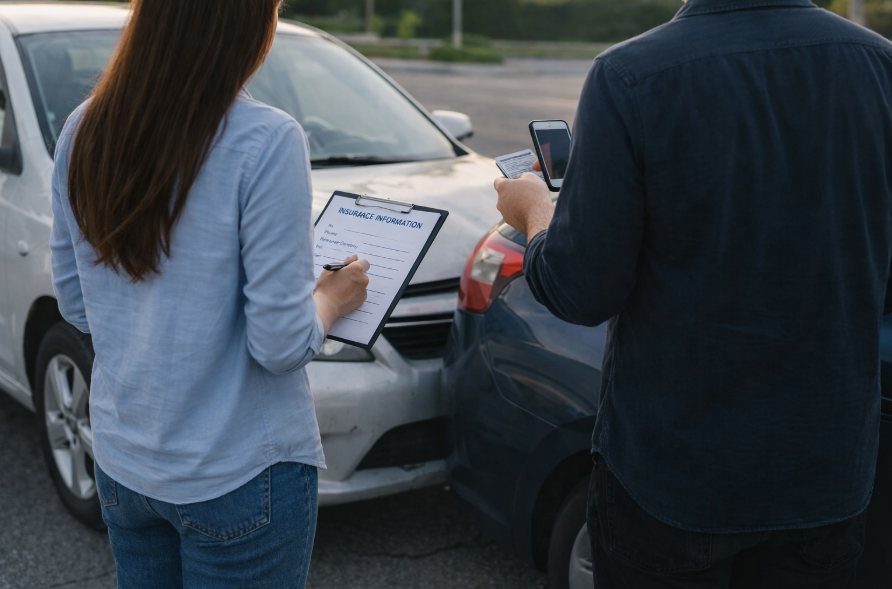 Two drivers filling out insurance information forms next to damaged cars after a collision in the Carolinas