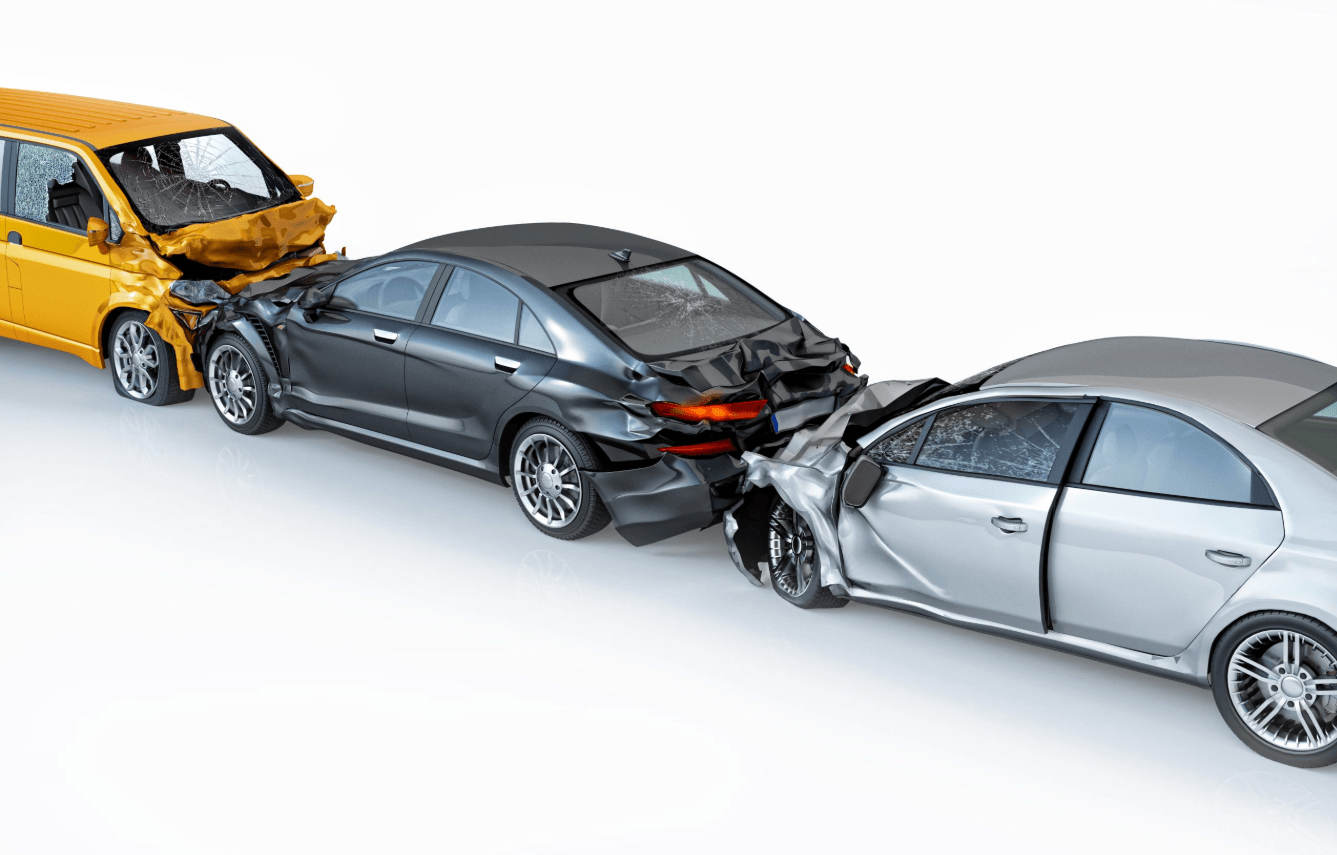 Three cars with front, rear and side collision damage illustrating prior damage and second accident diminished value claim in NC and SC