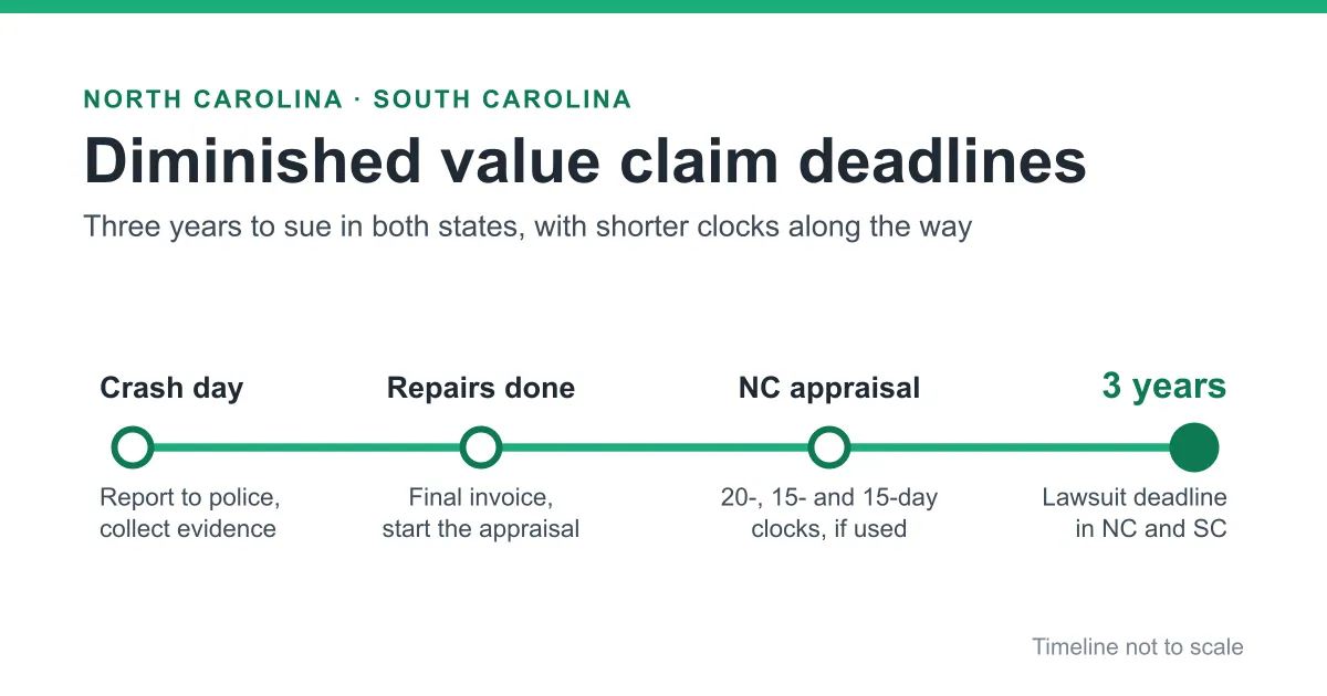 Timeline of diminished value claim deadlines in NC and SC, from crash day to the three-year lawsuit limit
