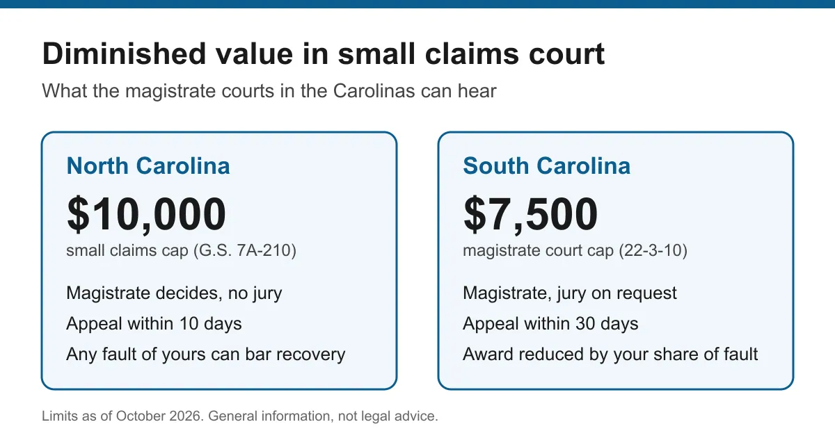 Side-by-side small claims court limits for diminished value: North Carolina $10,000, South Carolina $7,500